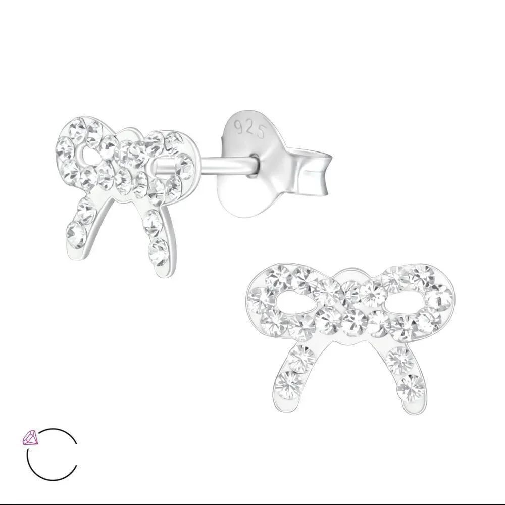 Girls Sterling Silver Clear Swarovski Bow Earrings